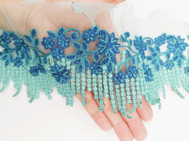 Cyan Blue Net Scallop Lace Trim with Navy Blue Floral Embroidery And Blue Sequins, Sari Border, Embroidered Trim